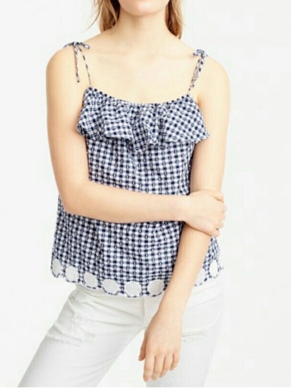 J. Crew Gingham Blue Ruffle Tie
Shoulder Eyelet Camisole Top Size 6